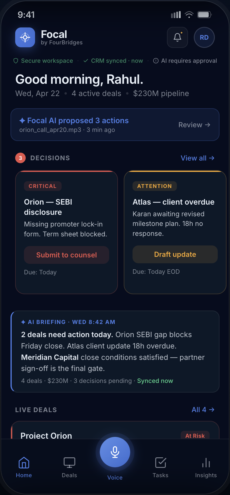 Focal home — priority deals, AI changes bar, morning briefing