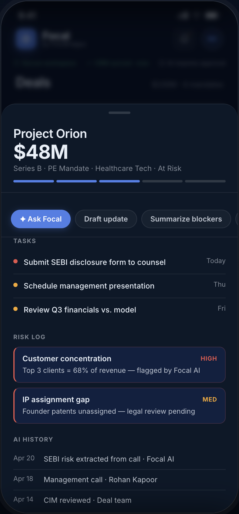 Deals screen — live deal cards with stage and risk indicators