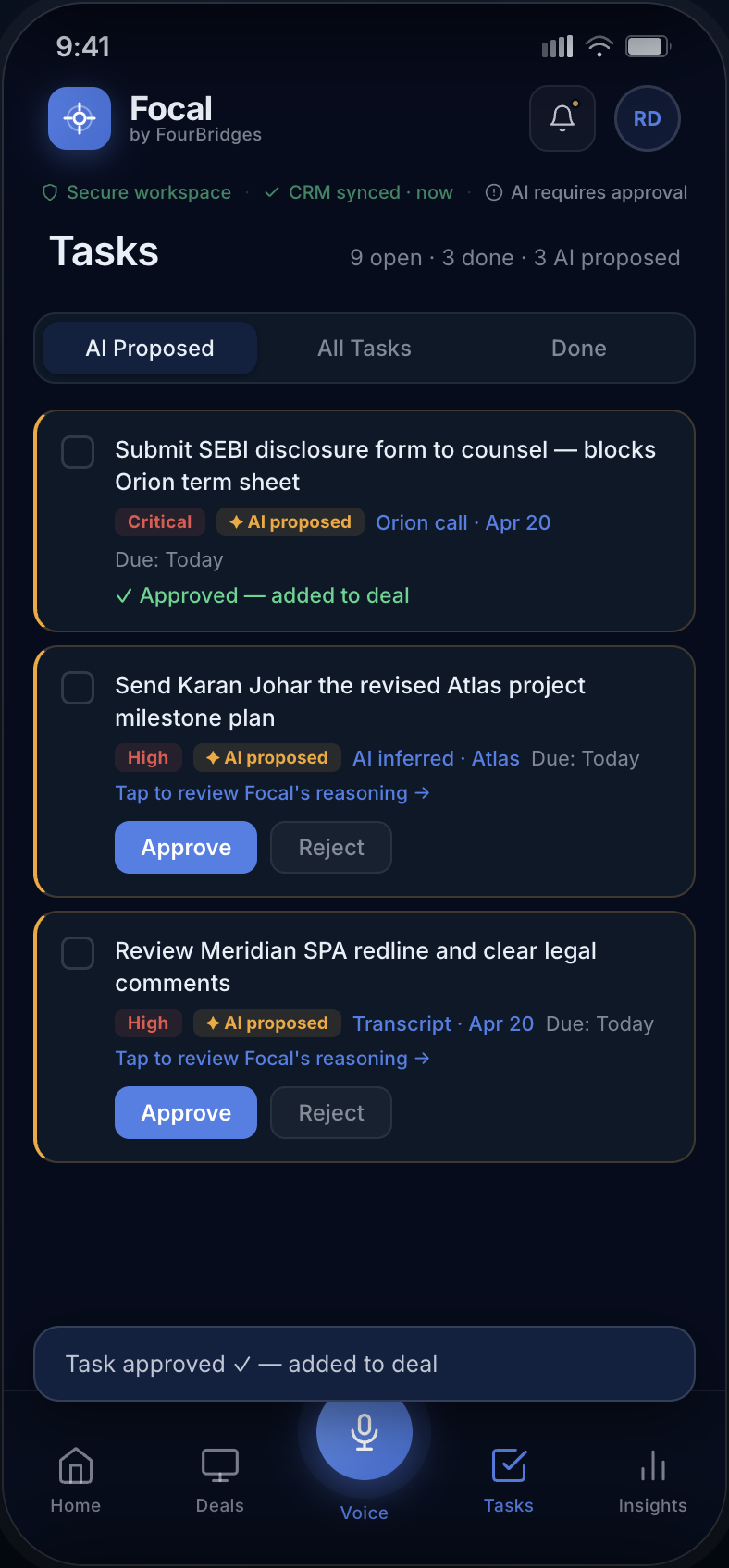 Tasks screen — AI-proposed items added after voice input