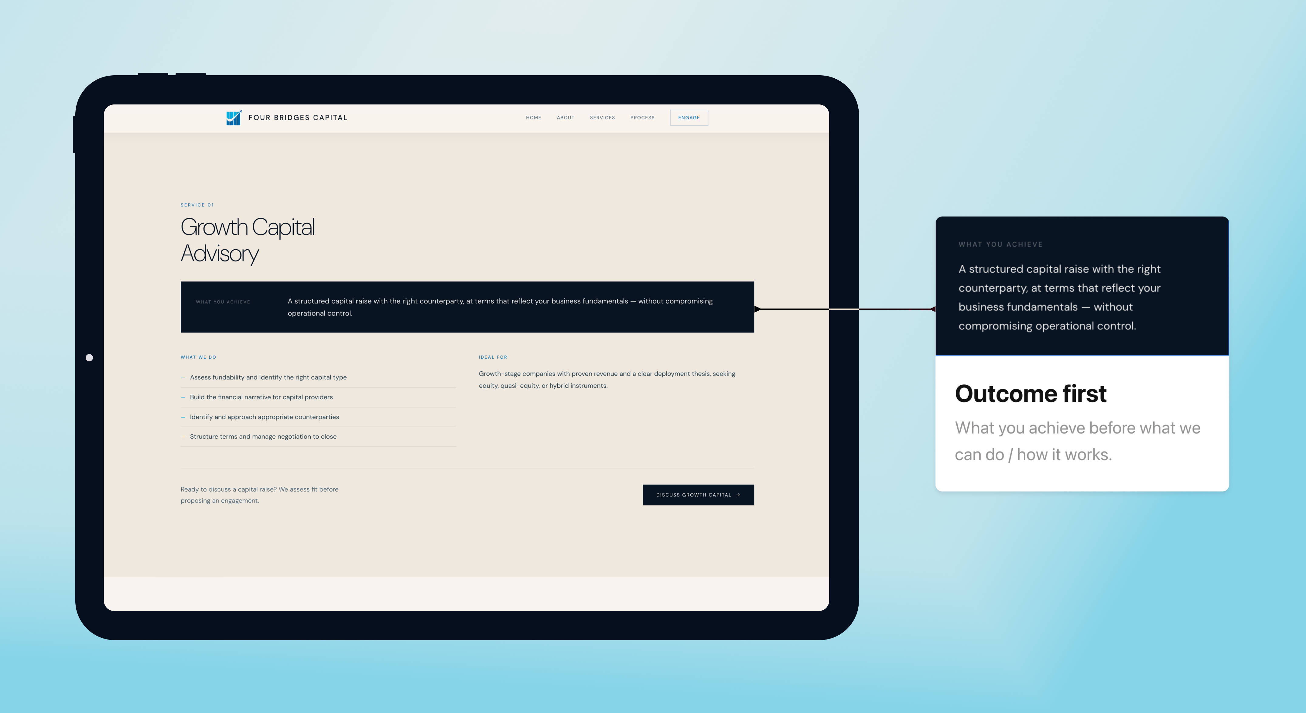 Services page — outcome-first structure