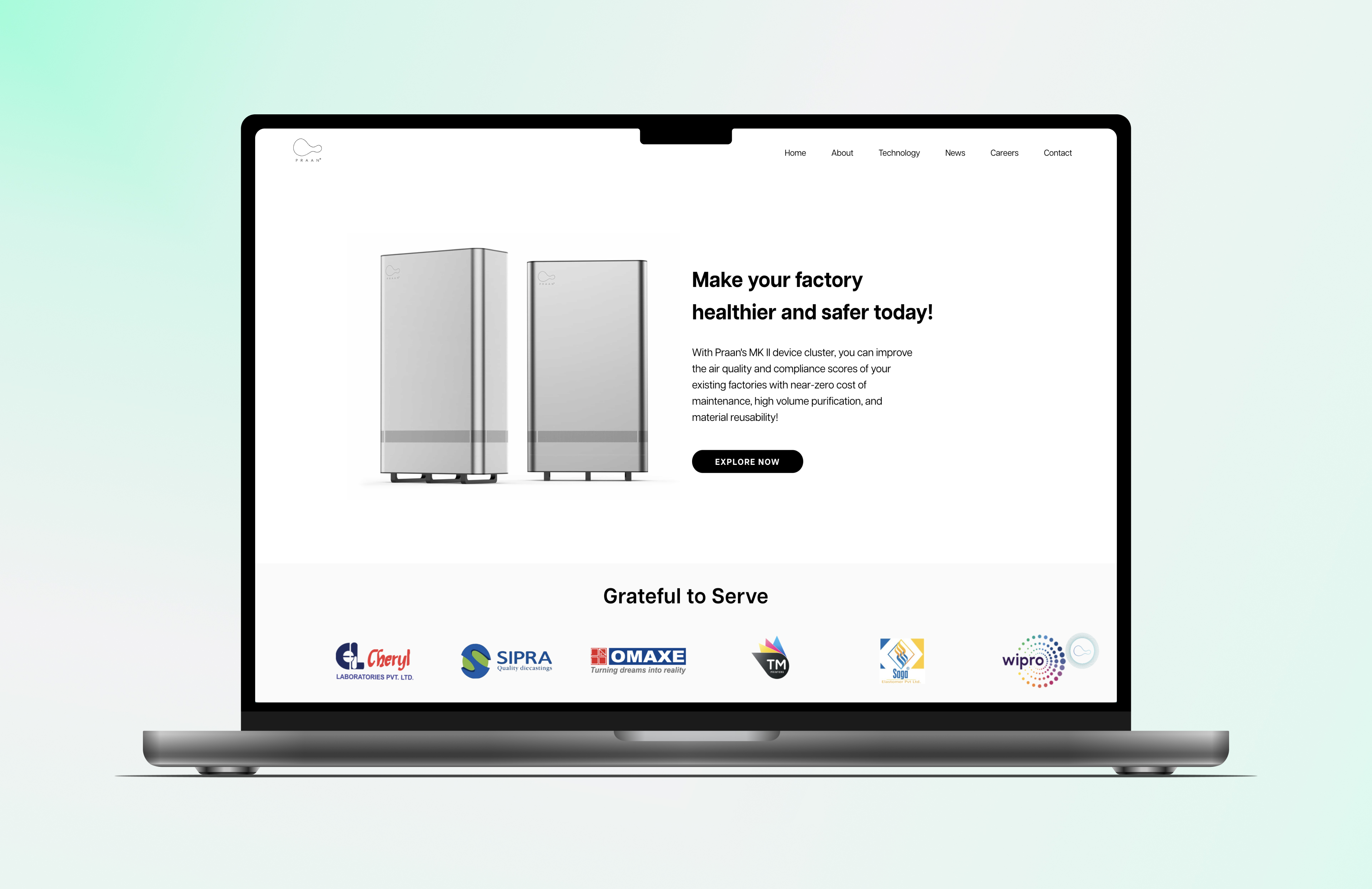 Praan website homepage — MK II cluster