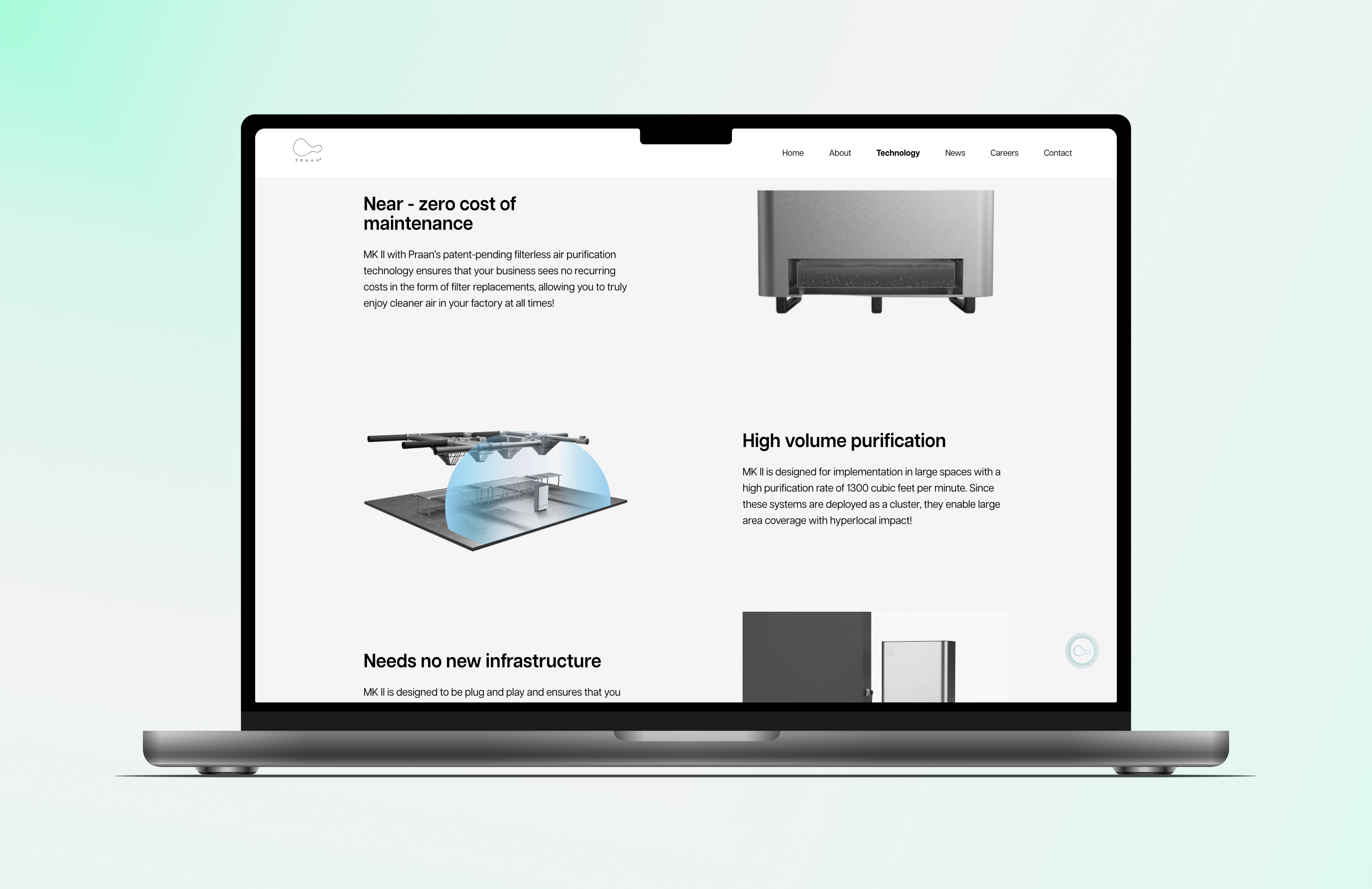 Praan technology page — near-zero maintenance, high volume purification
