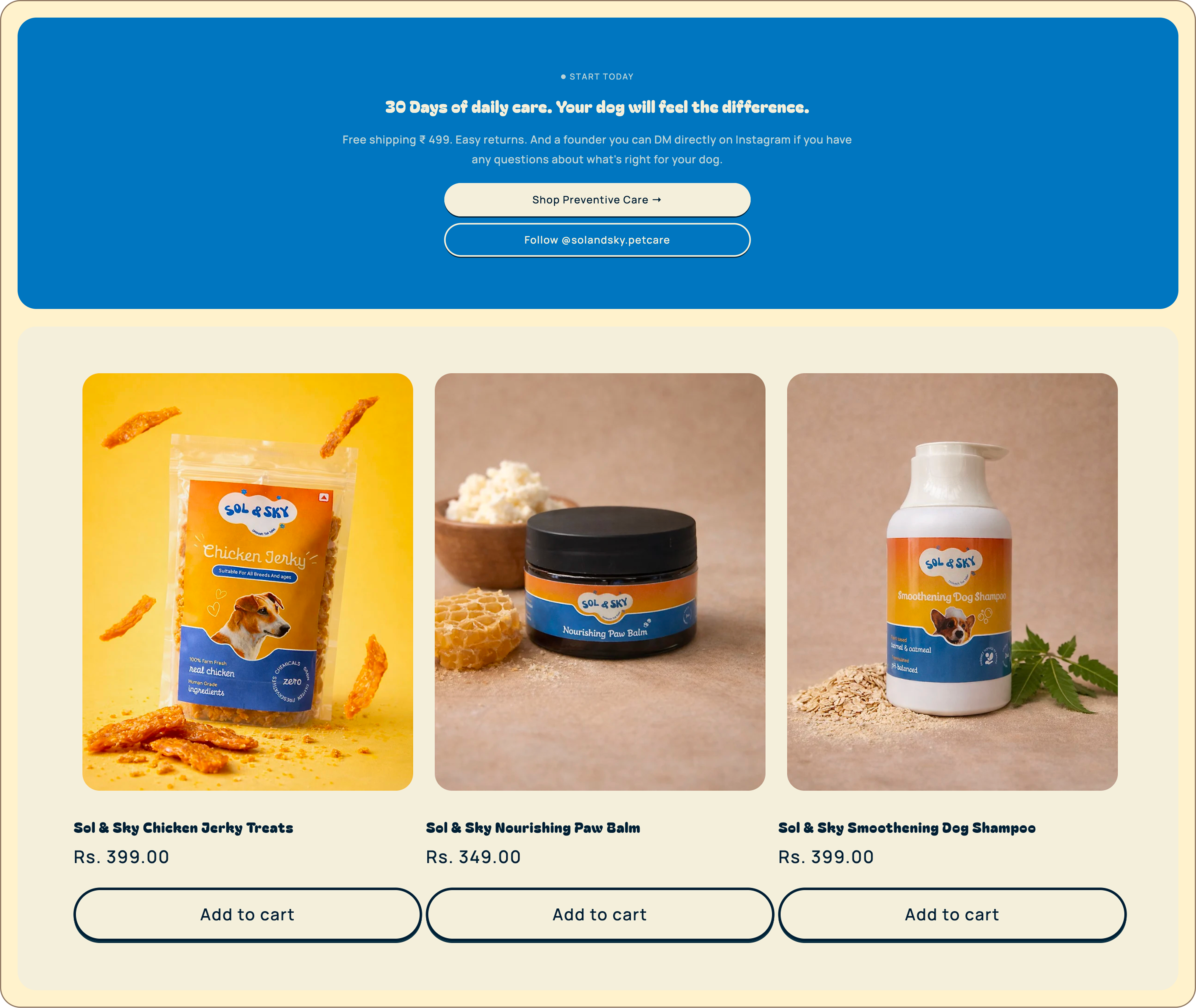 Sol & Sky three-step daily routine — Morning, Post-Walk, Bath Time — from the live site