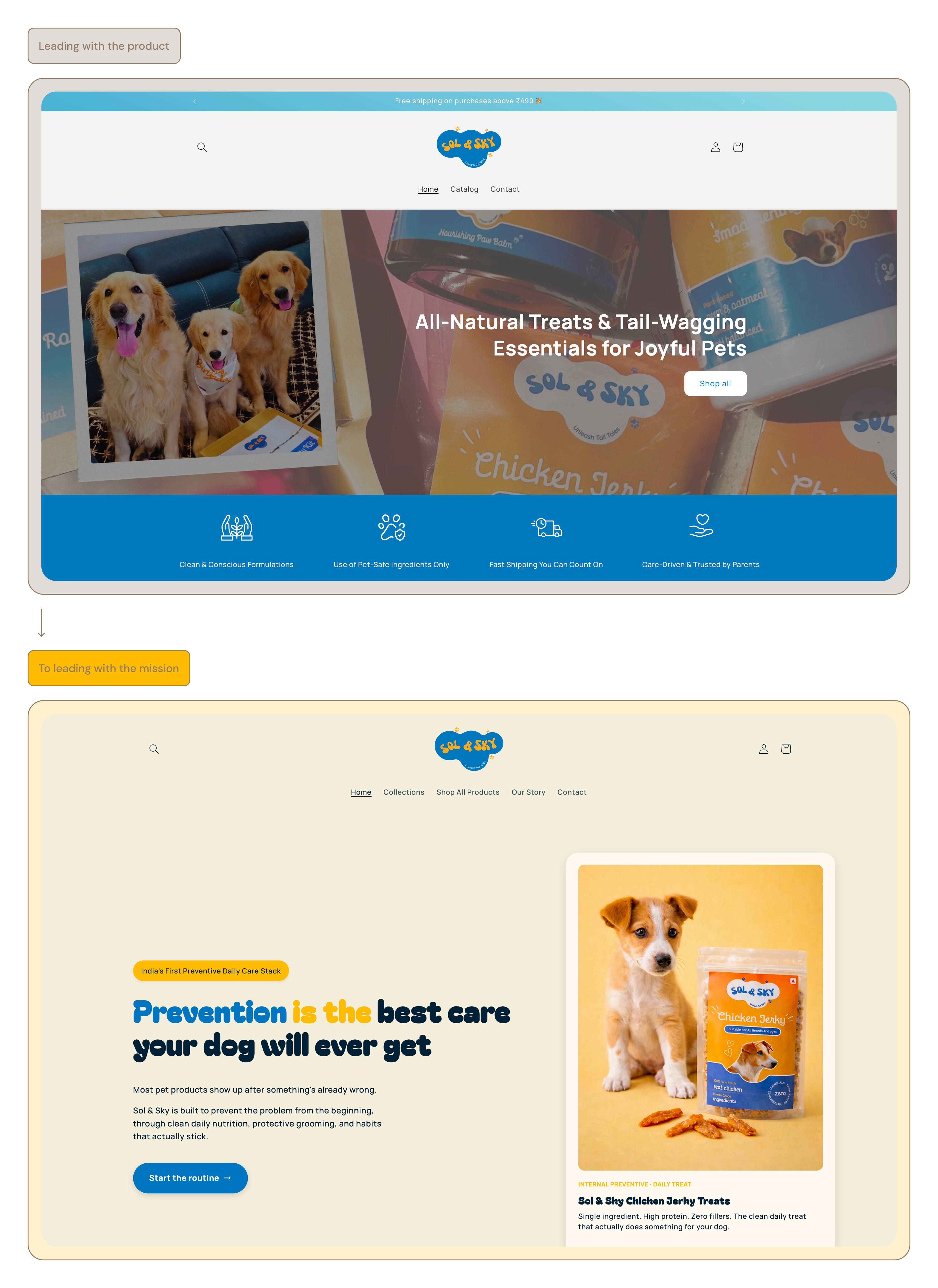 Decision 1 — product-first vs problem-first homepage comparison