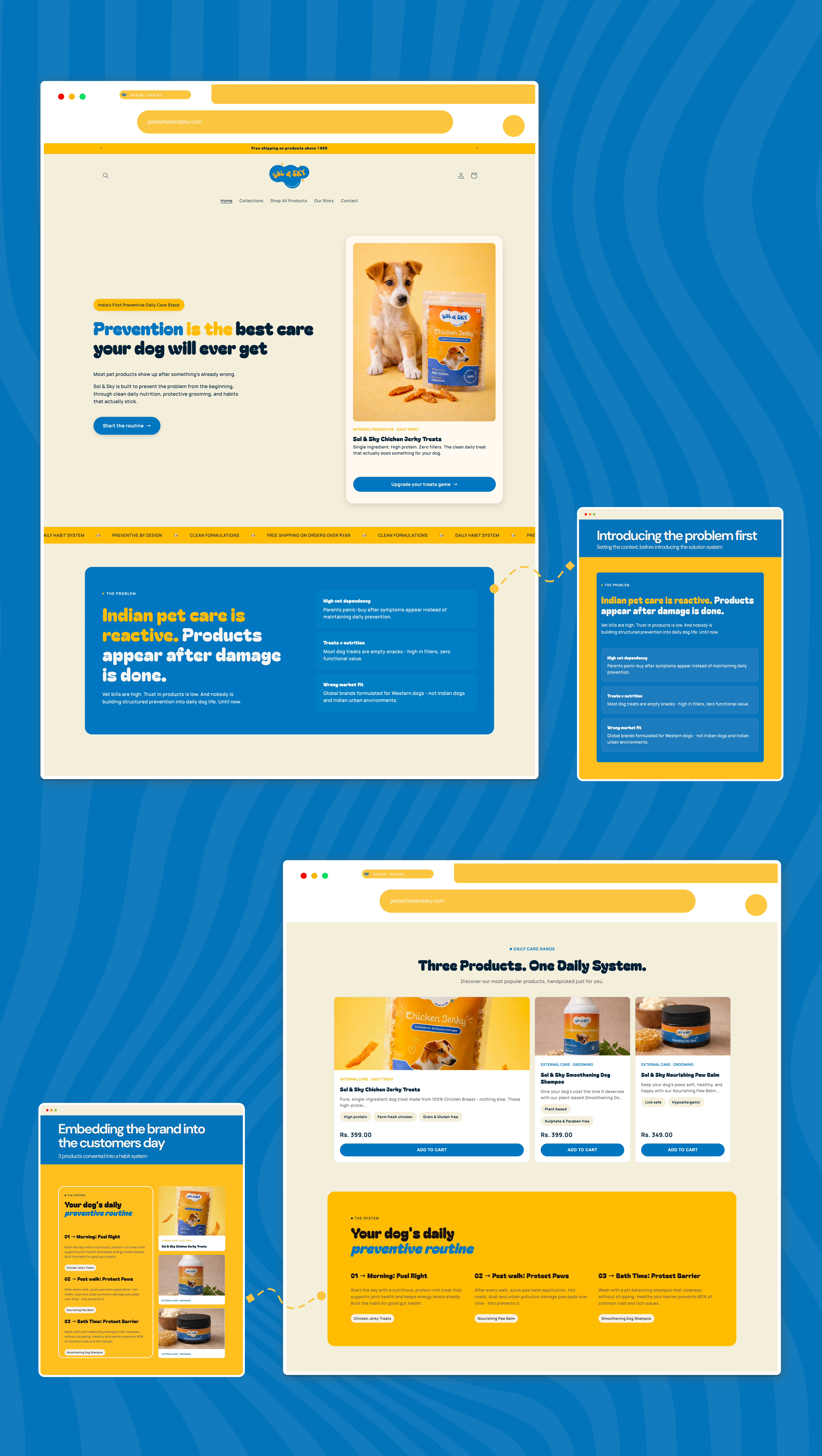 Sol & Sky homepage annotated — problem → daily system → product reveal