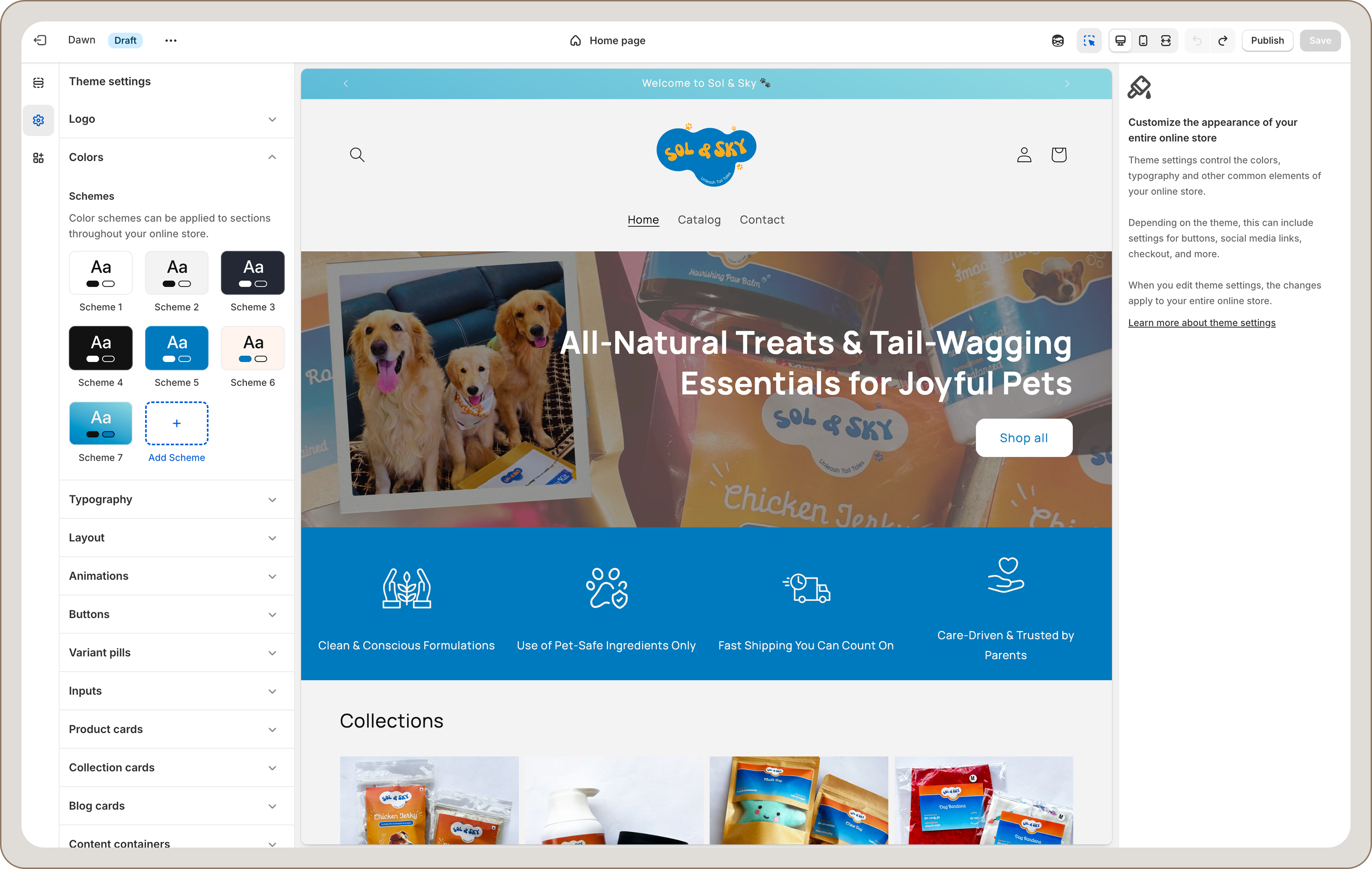 Shopify theme editor open during Sol & Sky build