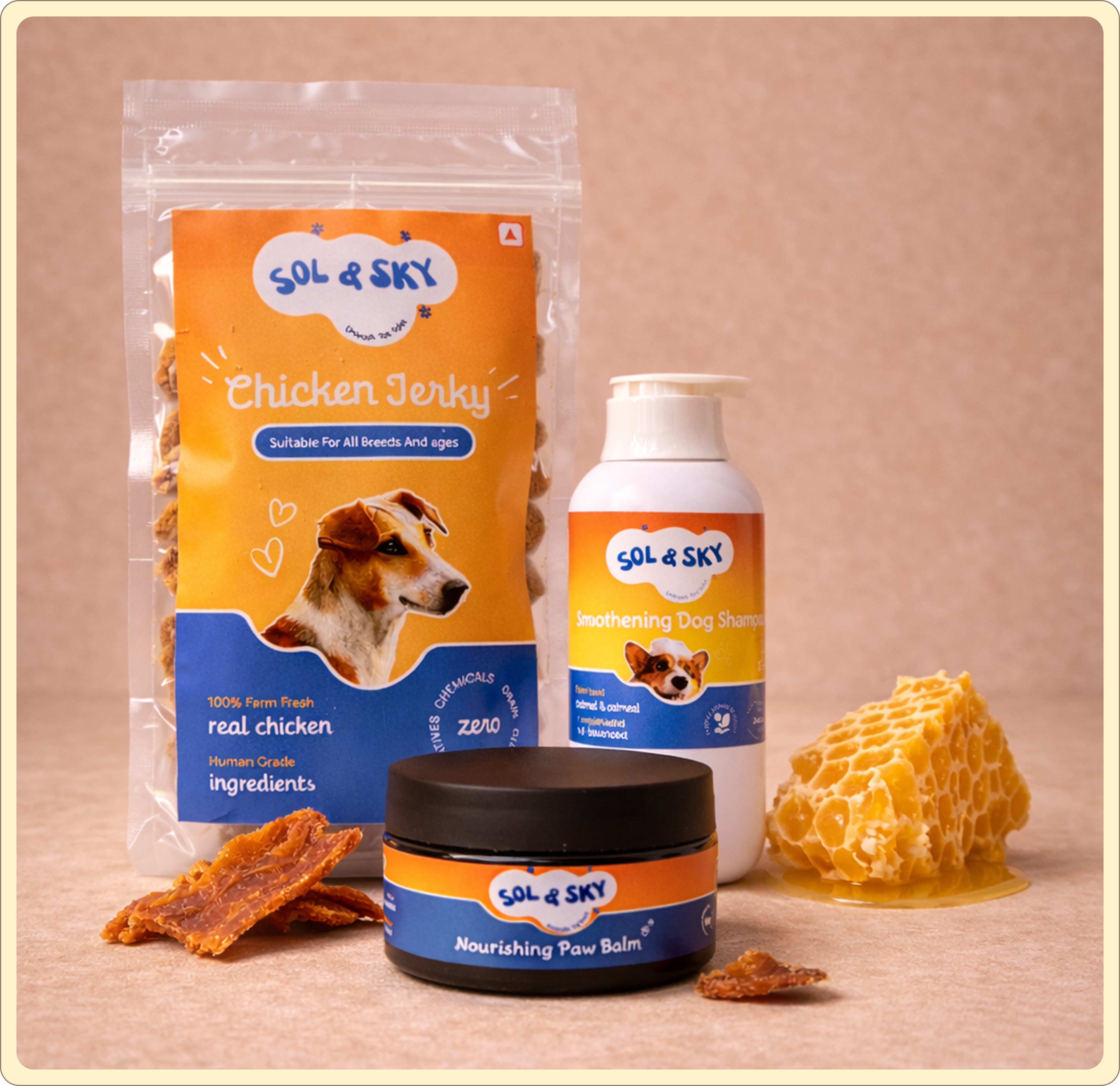 Sol & Sky product trio — Jerky Treat, Smoothening Shampoo, Nourishing Paw Balm — ingredient-forward photography