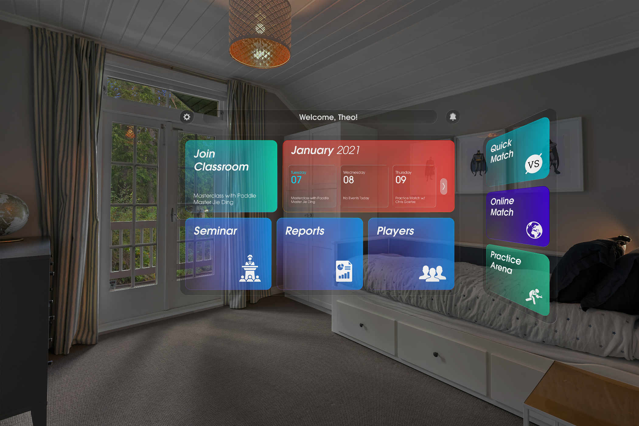Swift VR — table tennis training home screen in VR environment